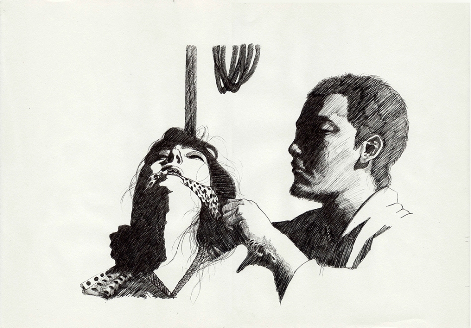 Model Aizen Kaguya et Maitre Kinoko Hajime. D'après l'oeuvre original de Amaury Grisel. http://bondageisnotacrimeparis.tumblr.com/ Dessin à la plume sur papier de 96 gr/m²
